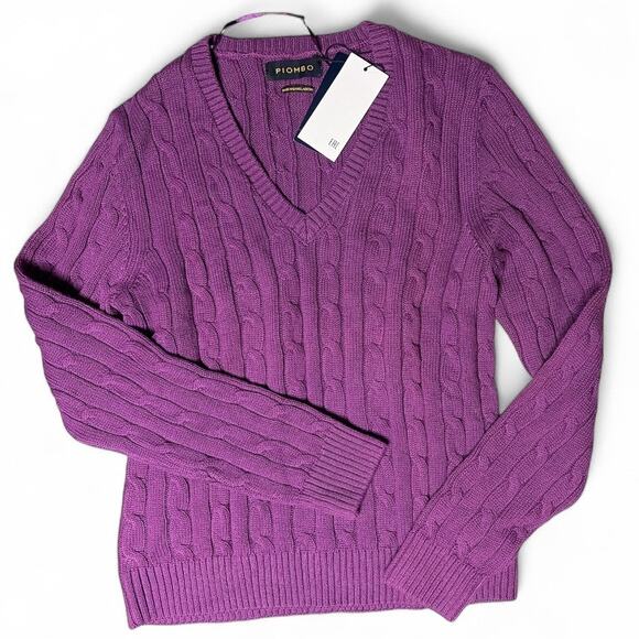 Piombo Purple Cable Knit V-Neck Pullover Sweater size Large - Picture 4 of 7